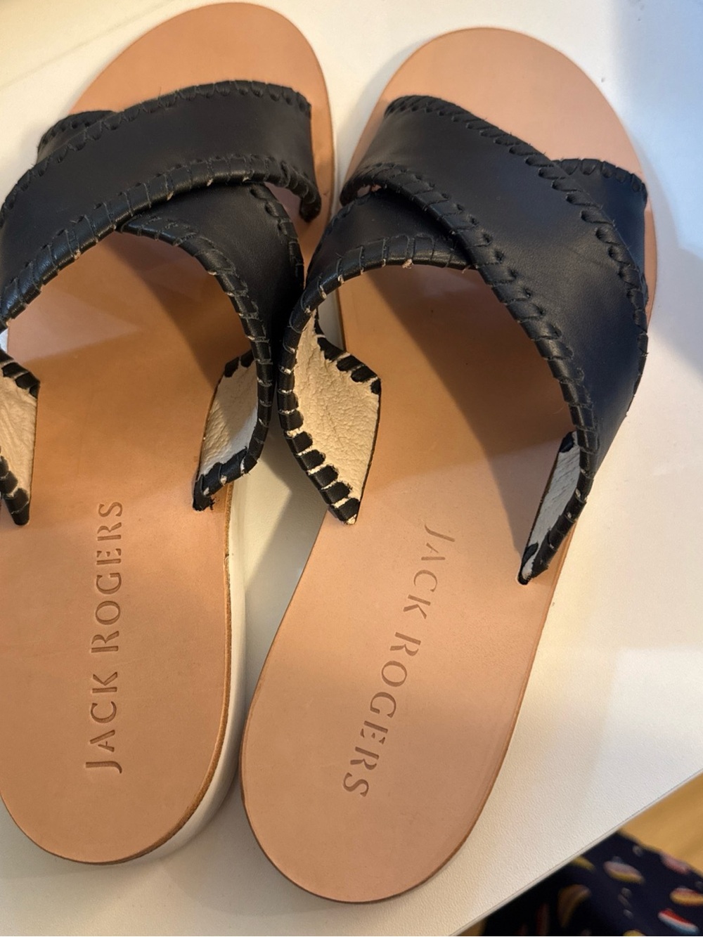Jack Rogers Black Leather Crossband Slide Sandals